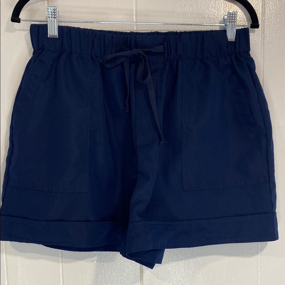 Shorts High Waist Lux Look Cargo Style Pocket Tie Waist Faux Navy Blu Size Large